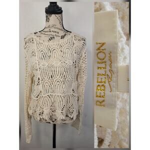 Rebellion Again Top Sz L Sheer Crochet Boxy Bohemian Ivory Beachy Cottagecore